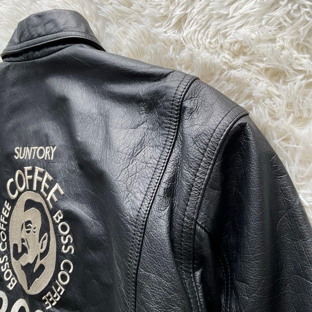 90's✨サントリー BOSS レザージャケット 牛革 ワッペン L ブラック