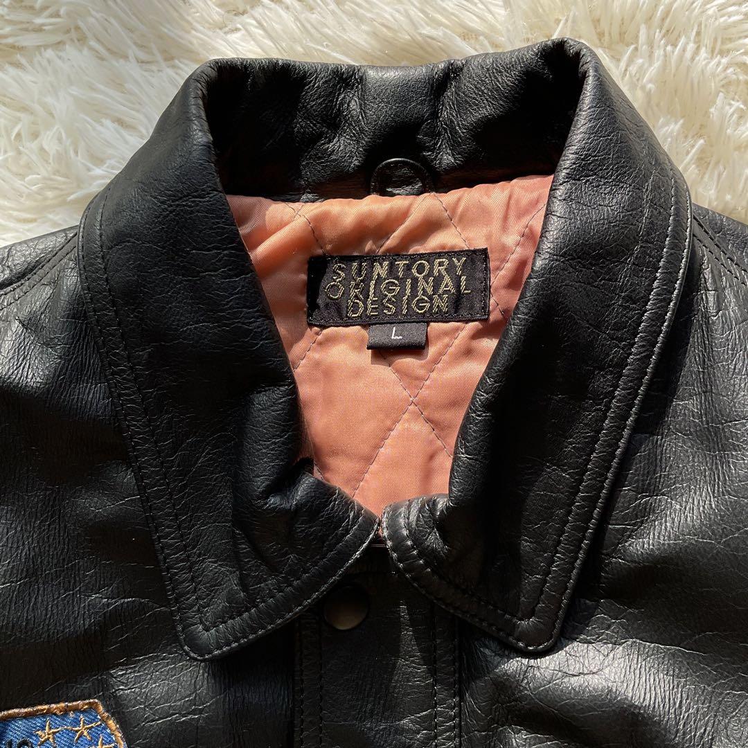 90's✨サントリー BOSS レザージャケット 牛革 ワッペン L ブラック