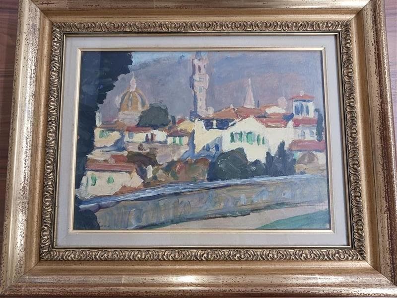 都市の風景 油彩画 装飾フレーム付き