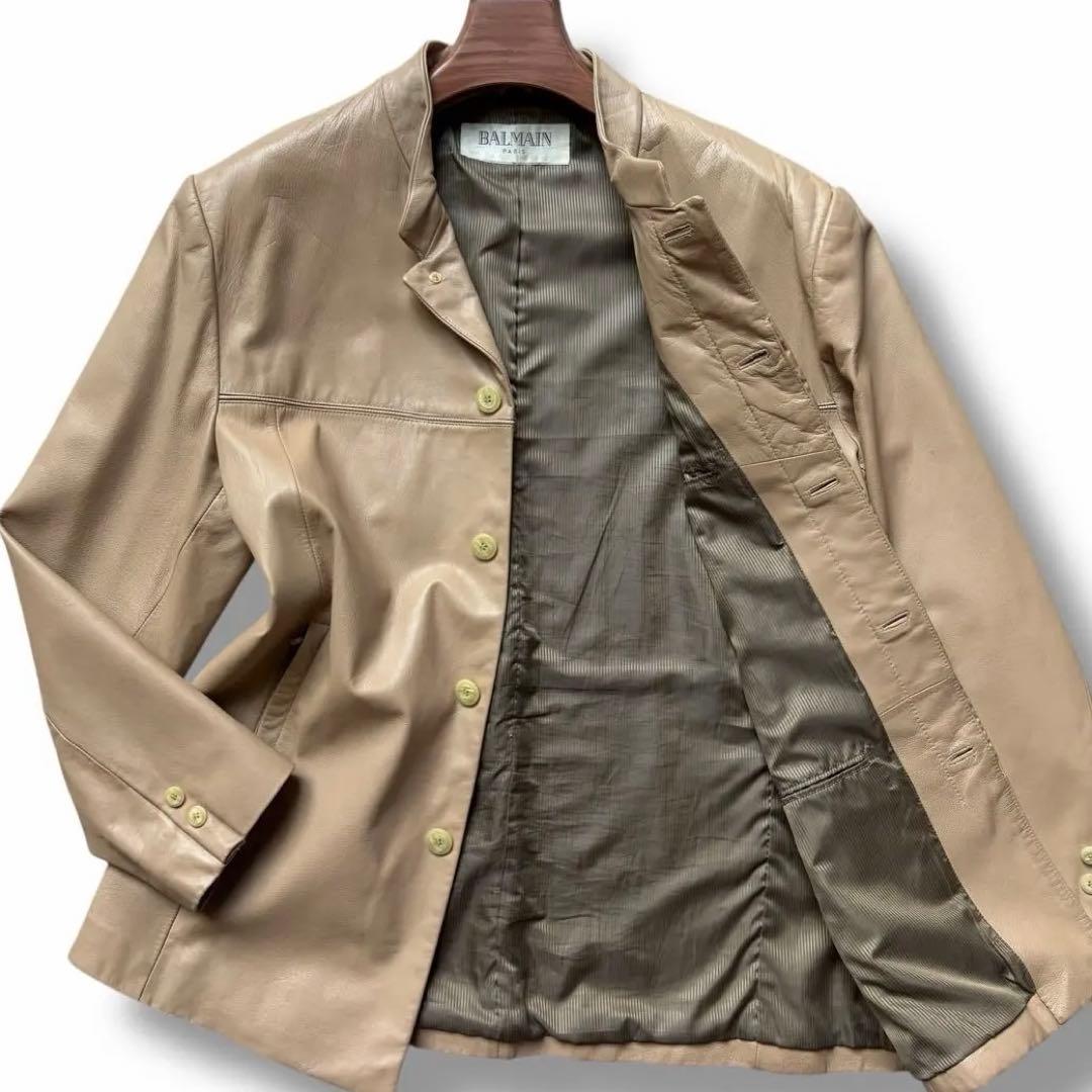 LL バルマン レザーコート シープスキン ベージュ メンズ 比翼 ジャケット