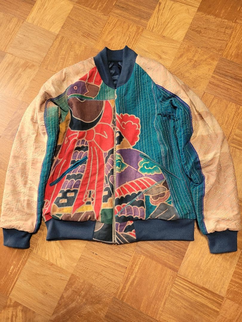 め0209古布リメイク木綿幟旗柿渋染め総刺し子ジップアップスカジャンハンドメイド