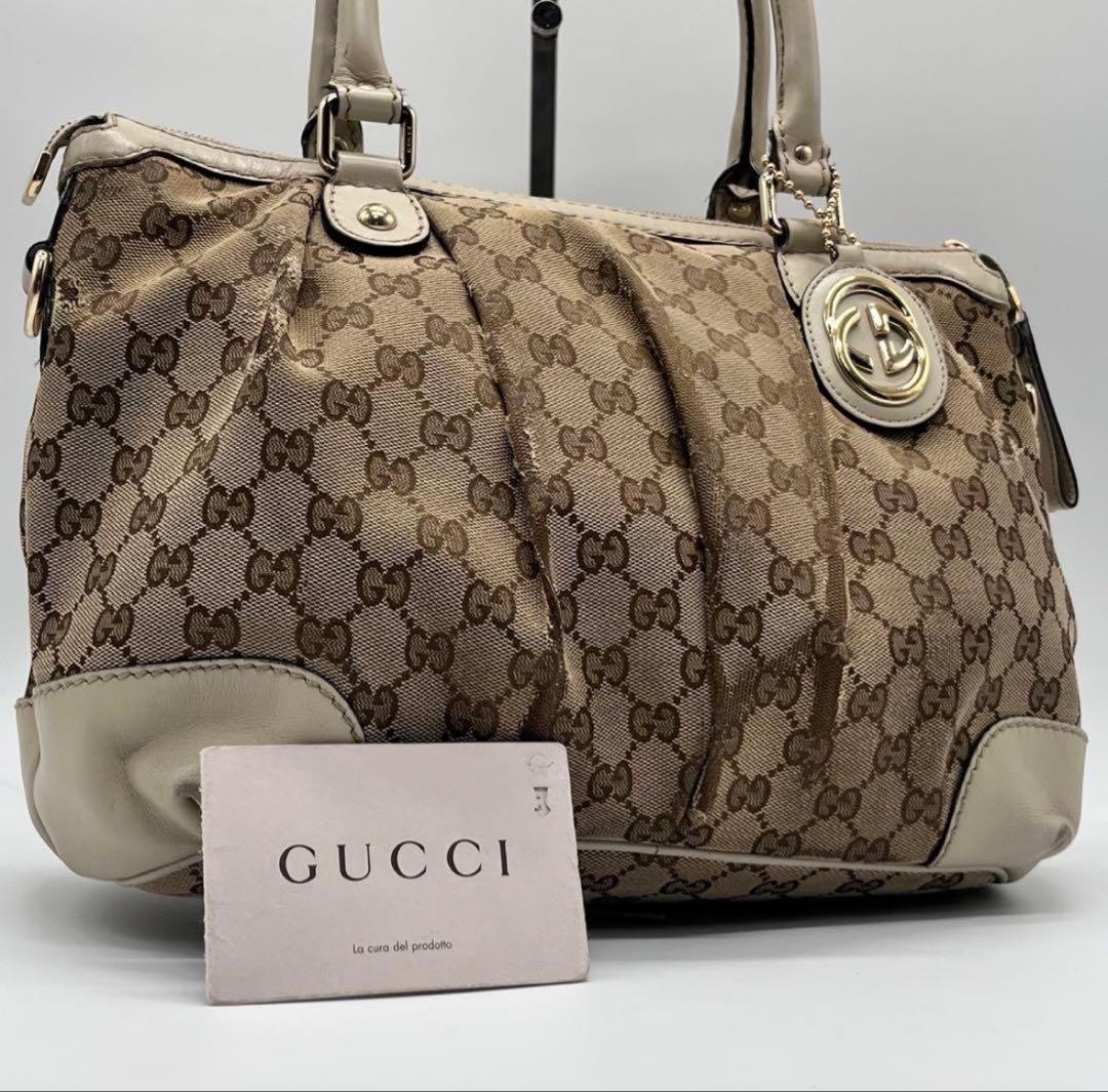 グッチ スーキー GG柄 ハンドバッグ キャンバス レザー 白