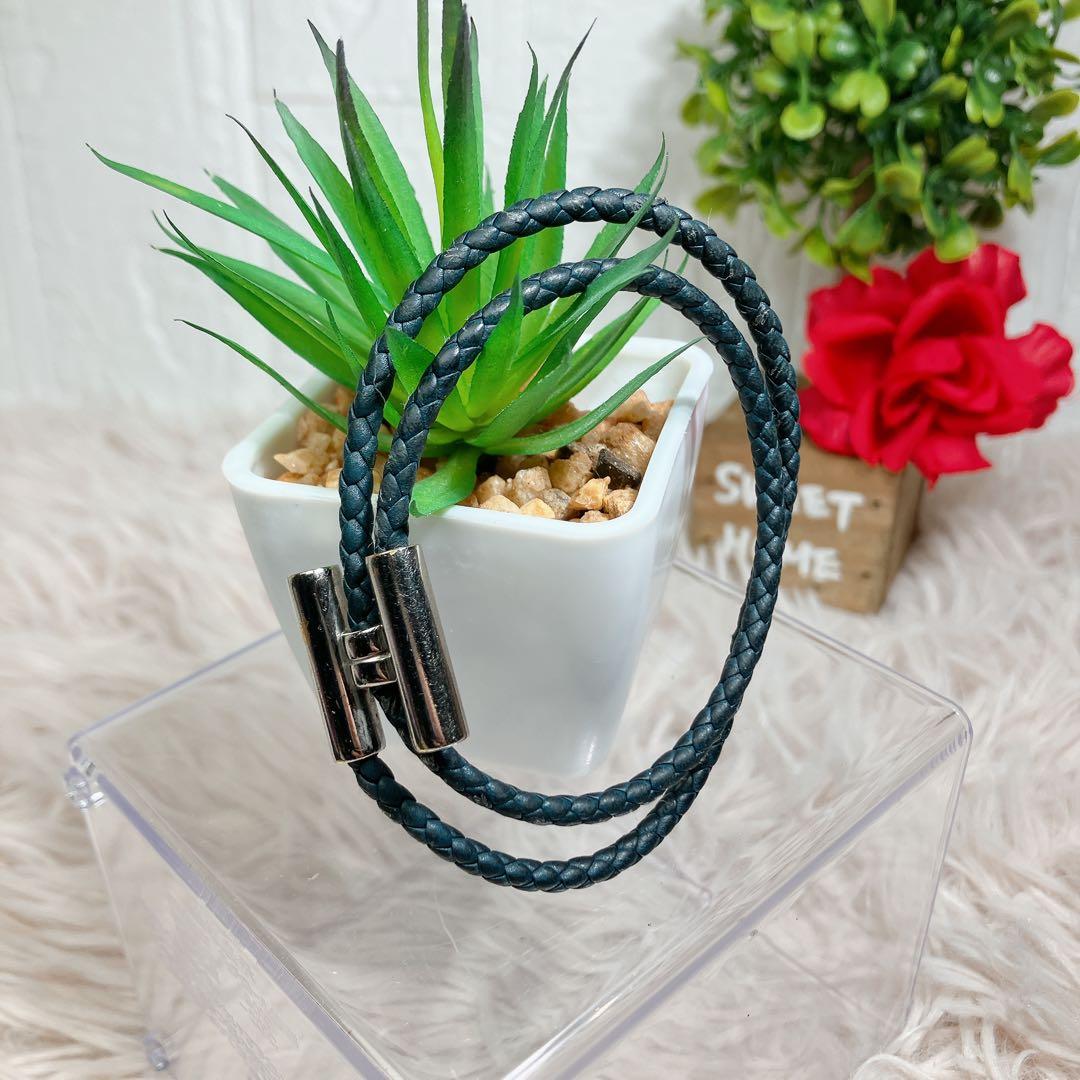 HERMES エルメス トゥルニ トレッセ レザー ブレスレット ネイビー 編み