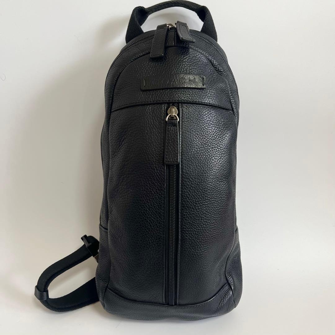 美品 COACH オールレザー ボディバッグ シボ革 ロゴ ブラック2way