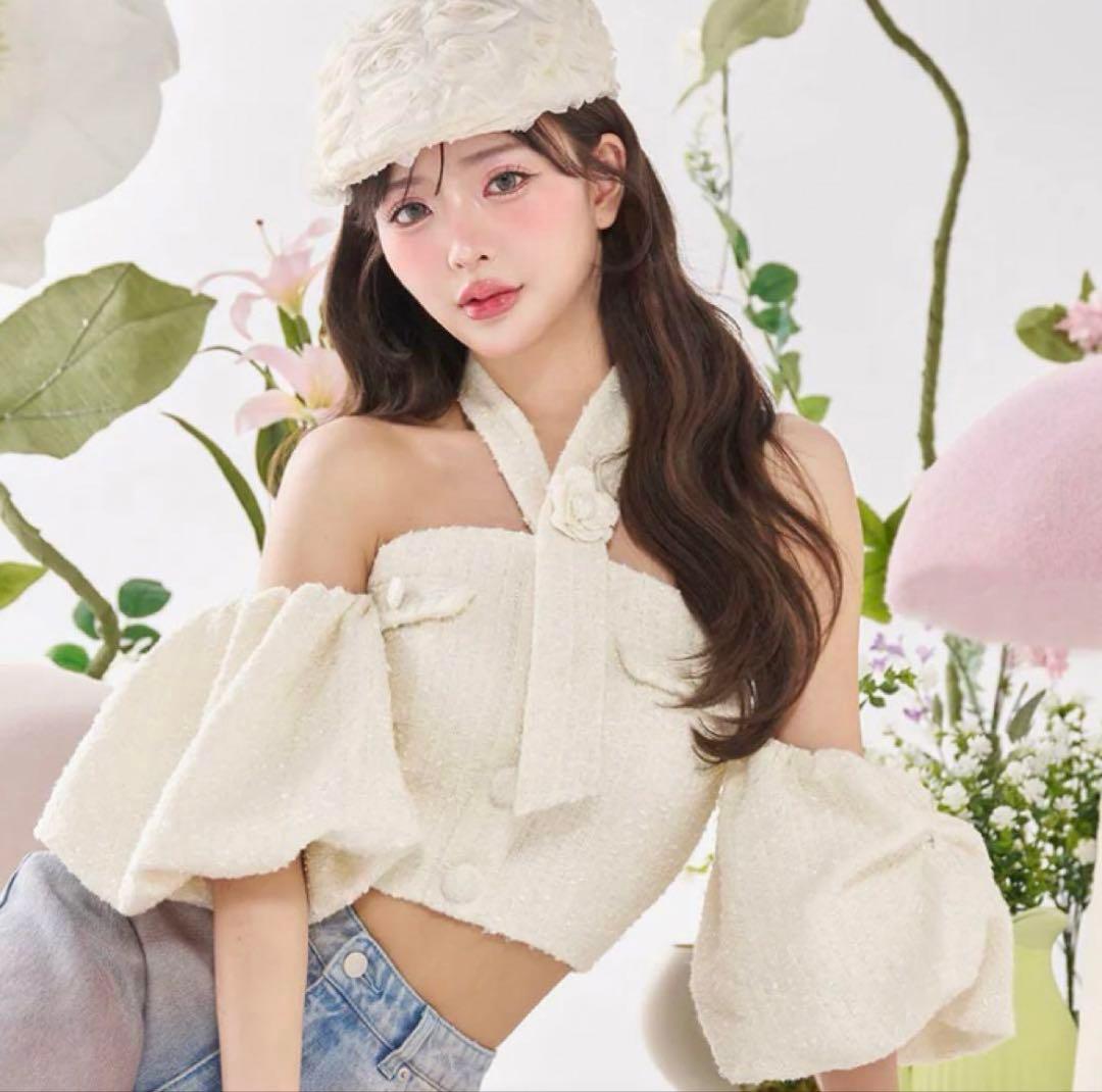 darich ホルターネックツイードトップス　ホワイト ダーリッチ Darich ホルターネックオフショルツイードトップス