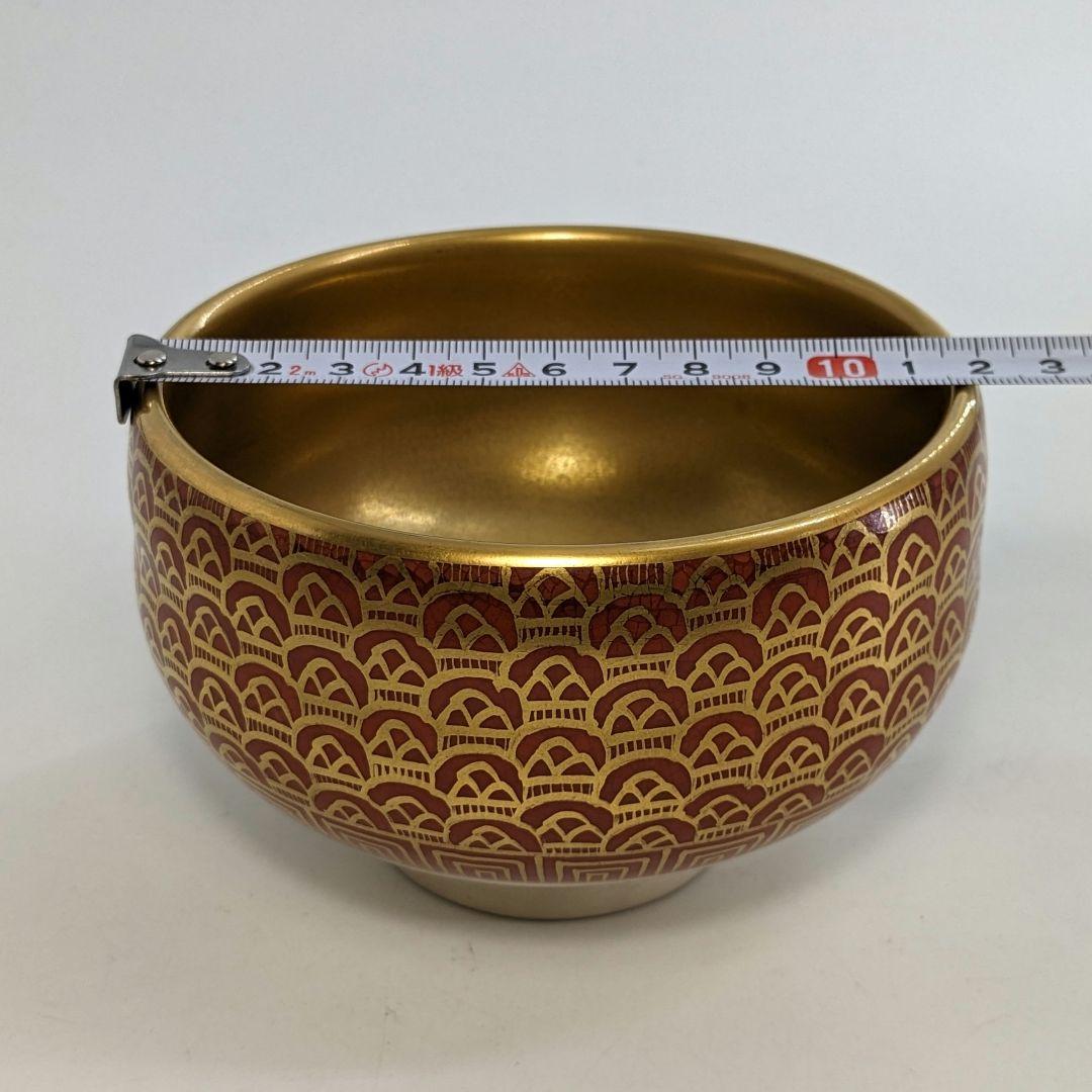 明山 九谷焼 金彩波文茶盌 共箱合布 抹茶碗 抹茶茶碗 茶道具 茶器 食器