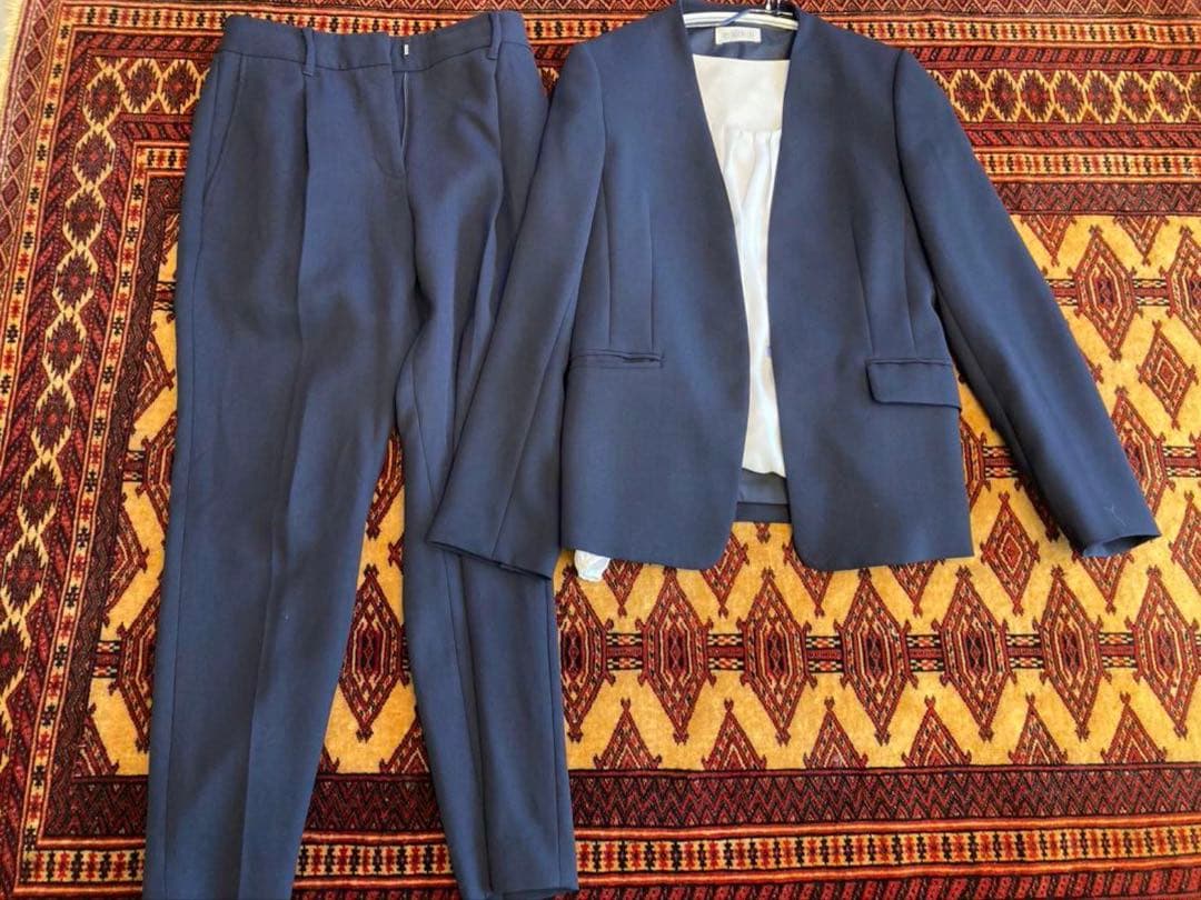 PLST セットアップ ノーカラー パンツスーツ ネイビー 上下 M S