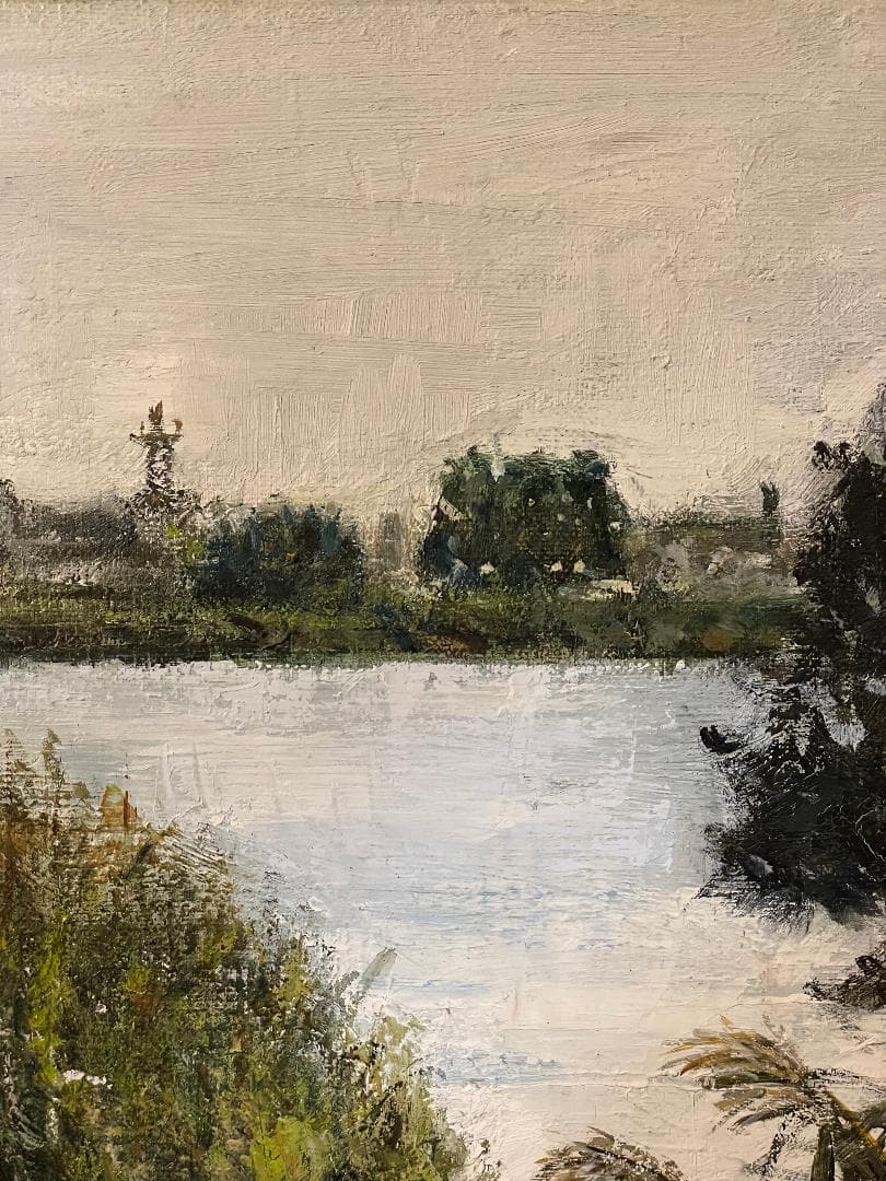 真作」真殿靖「水郷(安土八幡)」風景画 油彩画 額装 サイン有り P20号