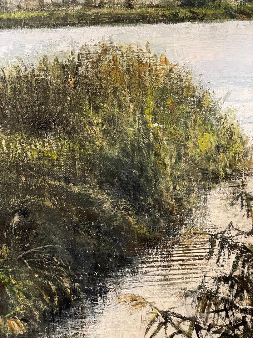 真作」真殿靖「水郷(安土八幡)」風景画 油彩画 額装 サイン有り P20号