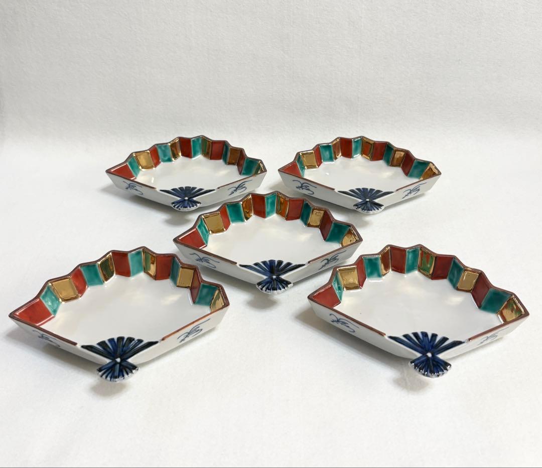 九谷焼 上出長右衛門 色絵金彩扇面 向付 5客 銘々皿 小鉢 九谷 懐石 料亭