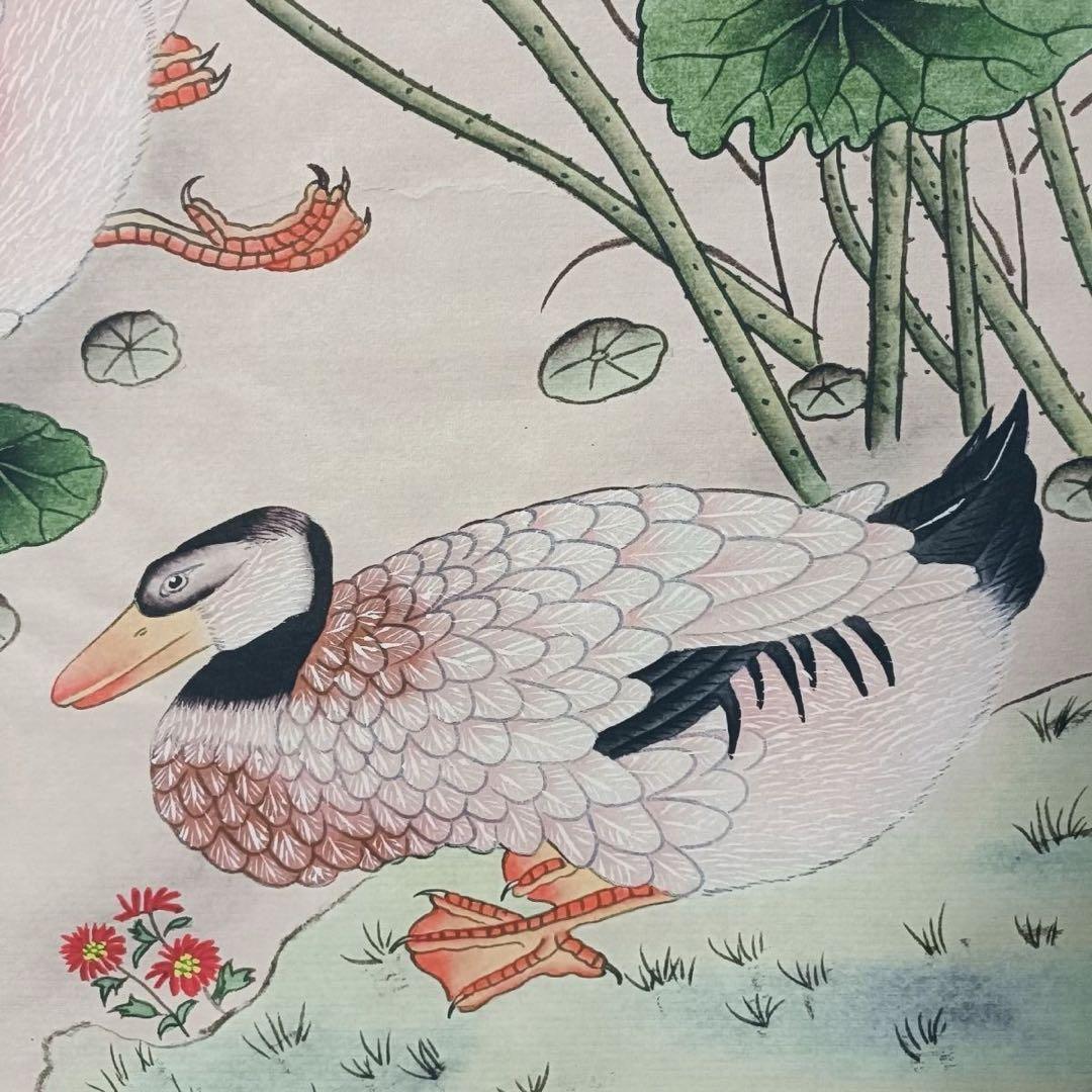 唐寅 荷塘雅趣 掛け軸 三尺中堂 中国書画 蓮花 鴨図 証書付 70×173cm