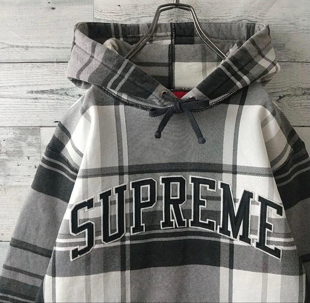 人気デザイン☆シュプリーム 刺繍 アーチロゴ チェック柄 パーカー M