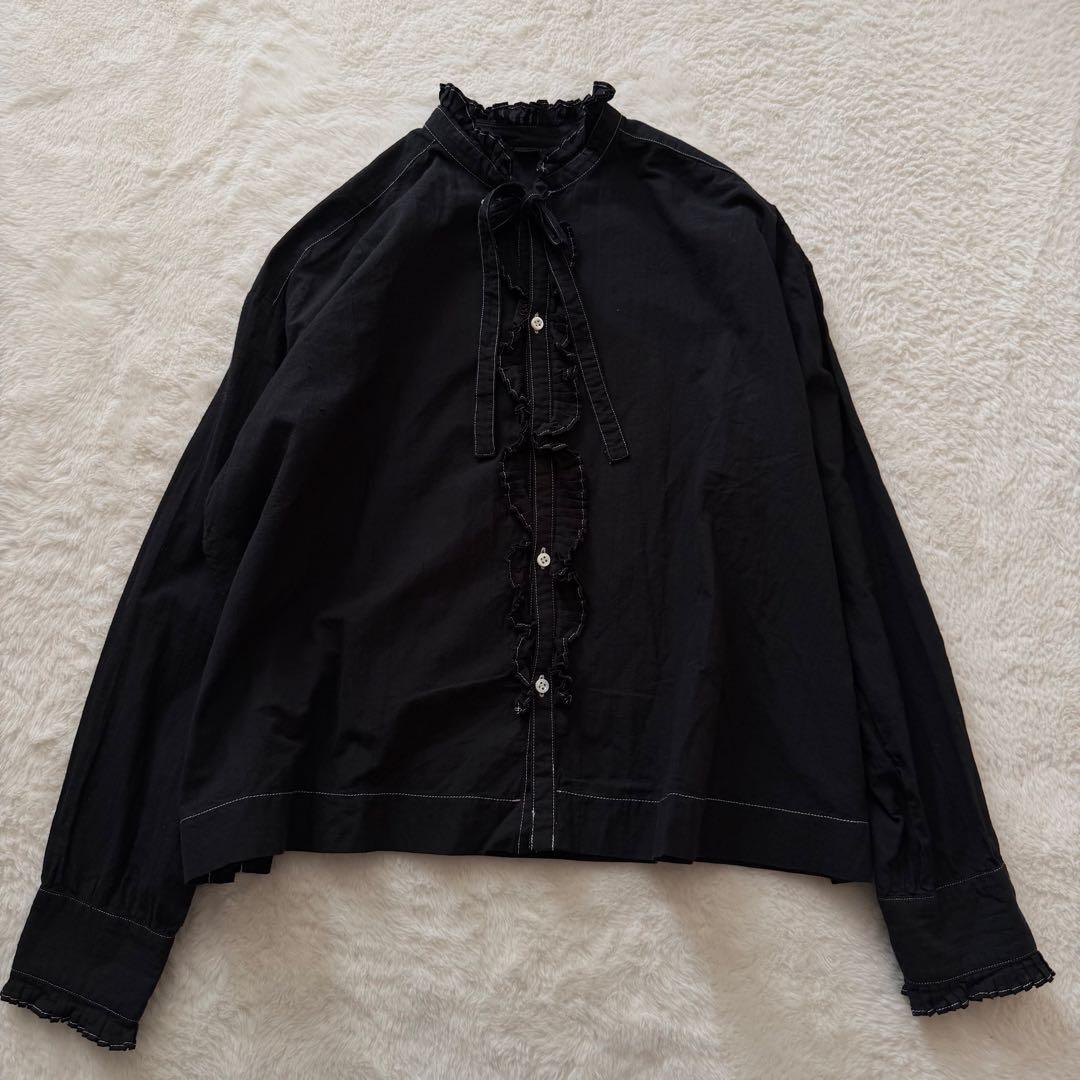 45R インドカディのタックフリルボウタイブラウス　黒 45Rインドカディのタックレースブラウス: WOMEN｜45R