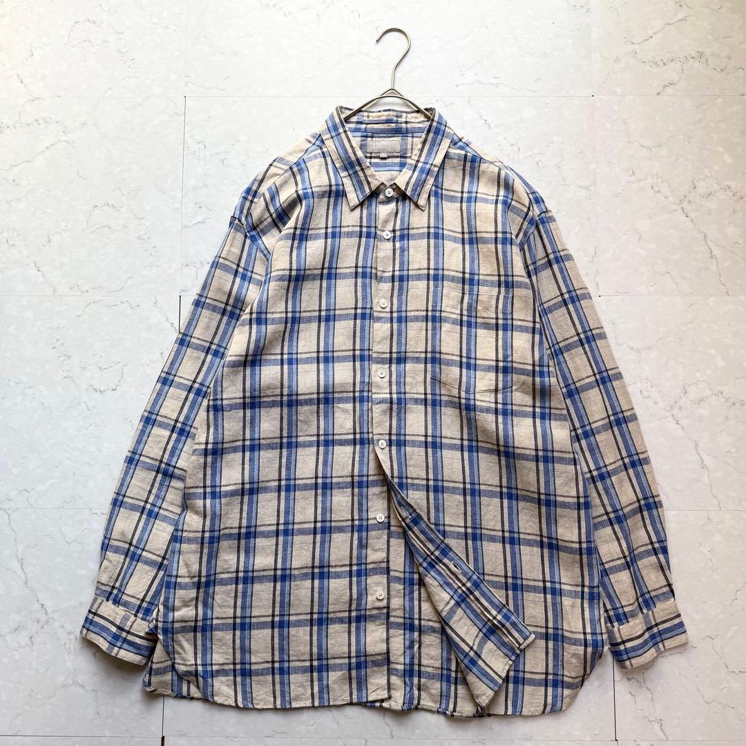 マーガレットハウエル リネン チェック シャツ 3L ブルー ベージュ