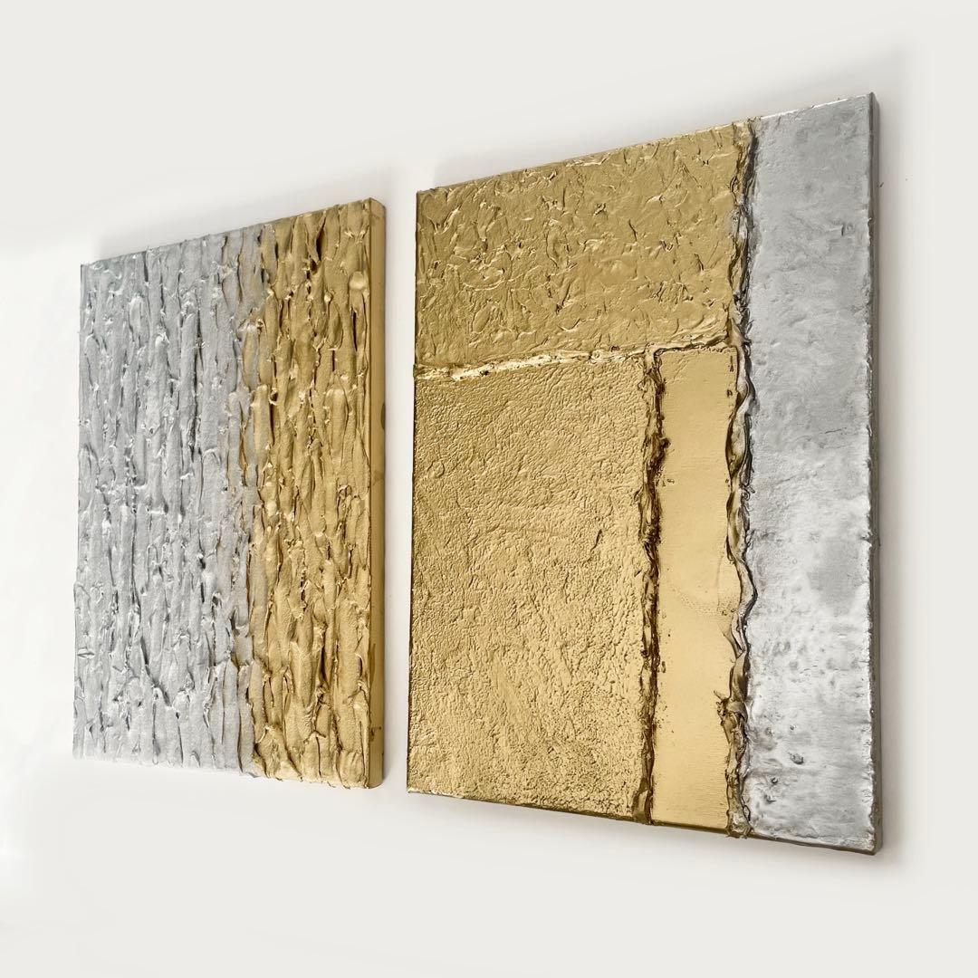 銀と金の現代アート｜F4 二枚組テクスチャーアート｜モダン・抽象・インテリア絵画