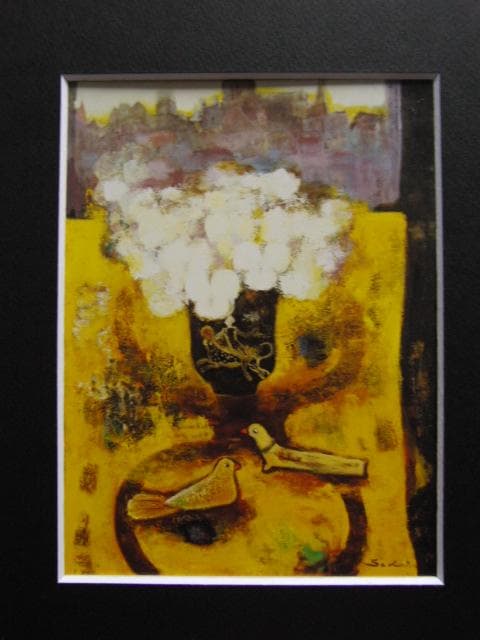 佐光亜紀子、【窓辺の花と鳥】、希少な大判額装用画集より、美品、日本人画家