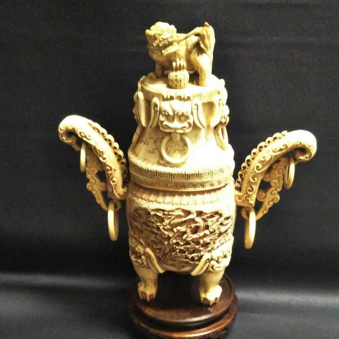 ※中国古美術/牙加彩龍紋獅子蓋香炉(底/蓋:乾隆年製)清代/