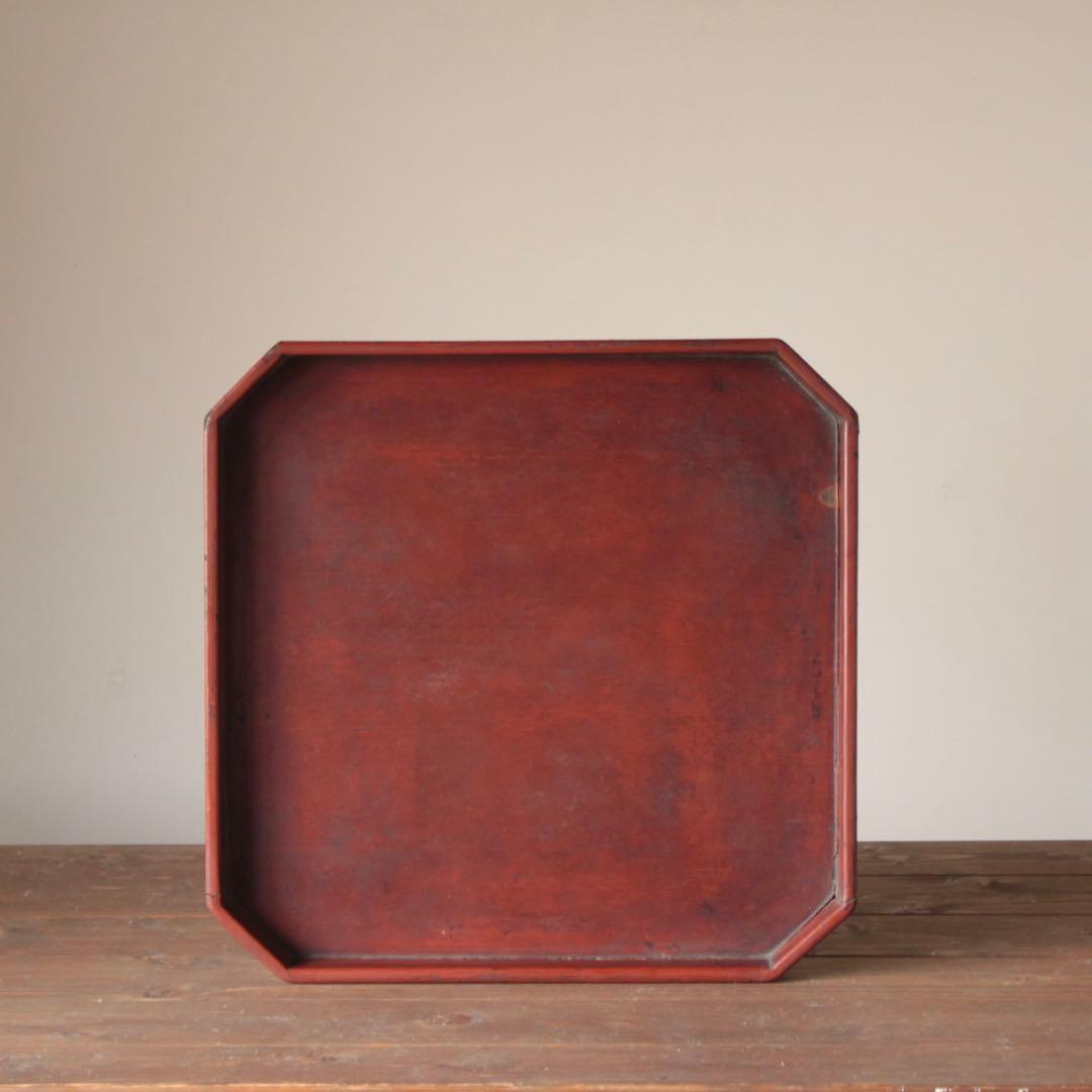 隅切 折敷 朱塗り盆 No.2 古美術 古道具 アンティーク 盆 折敷盆 ヴィンテージ 後藤塗り 朱赤 丸 折敷 骨董 昭和初期 大サイズ