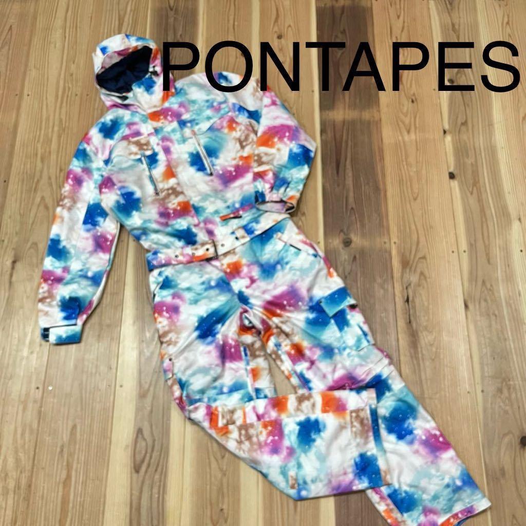 PONTAPES スノーボードウェア つなぎ スキーウェア 総柄 フード M