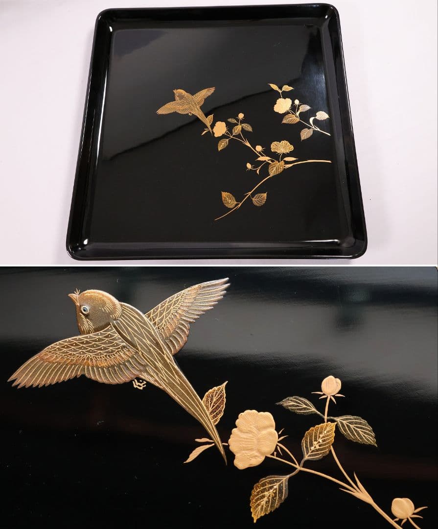 【MB204】天然木漆塗 花鳥絵替金蒔絵 黒塗卓上膳十客 四方膳 36.3cｍ