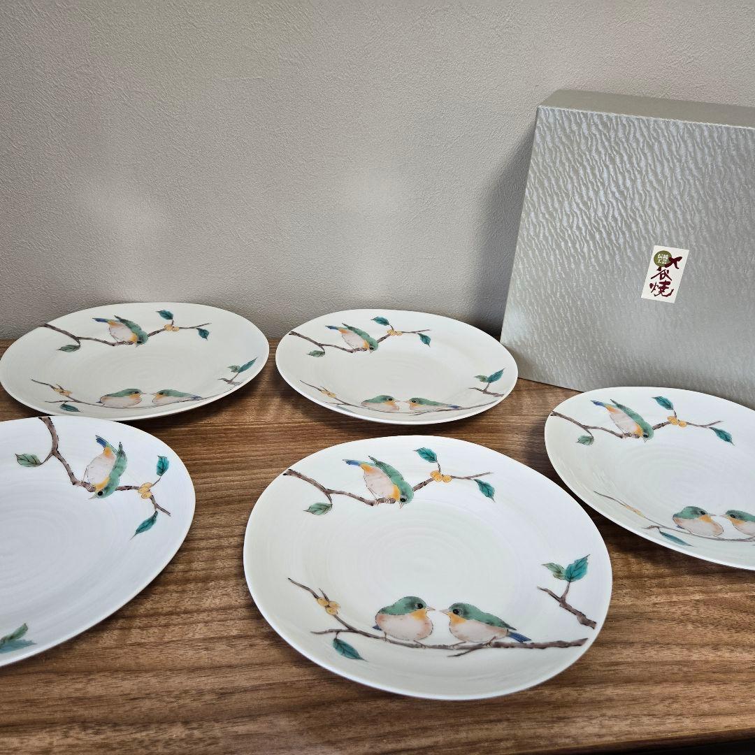 九谷焼 青郊 小鳥絵柄 陶器プレート 5枚セット