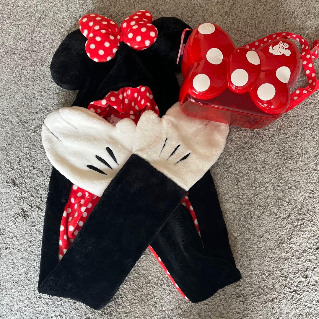 ミニーマウス ファンキャップマフラー、ポップコーンケースセット