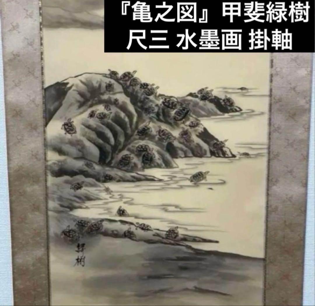 亀之図 尺三 掛軸 水墨画 甲斐緑樹 箱書き・落款印あり 箱・木箱付き 縁起物
