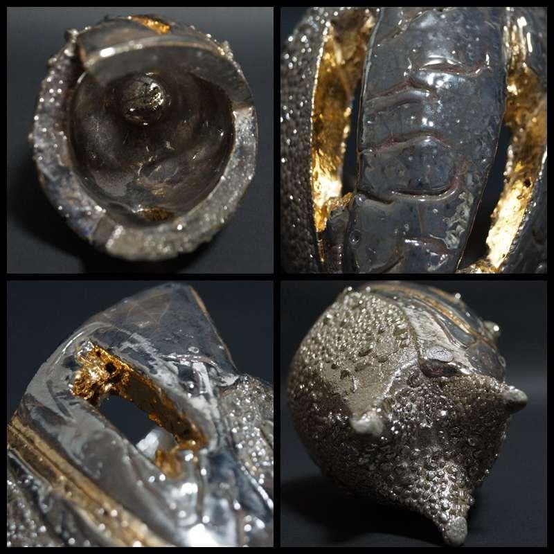 現代陶芸家 市川透造 造形香炉 金プラチナ使用 共箱 共布備前 (師/隠崎