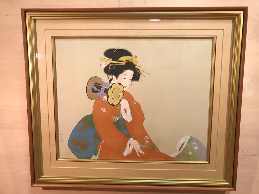 上村松園　「鼓の音」　シルクスクリーン　刷り込みサイン・作品証明シール有り