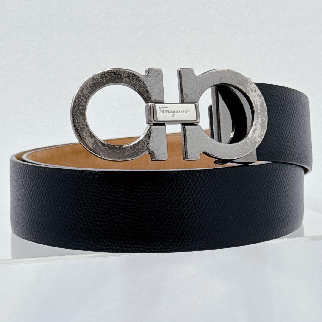 エイジング良好 Ferragamo ダブルガンチーニ ベルト シボ革ガンメタ FERRAGAMO（フェラガモ） ベルト レザーベルト メンズ ガンチーニ