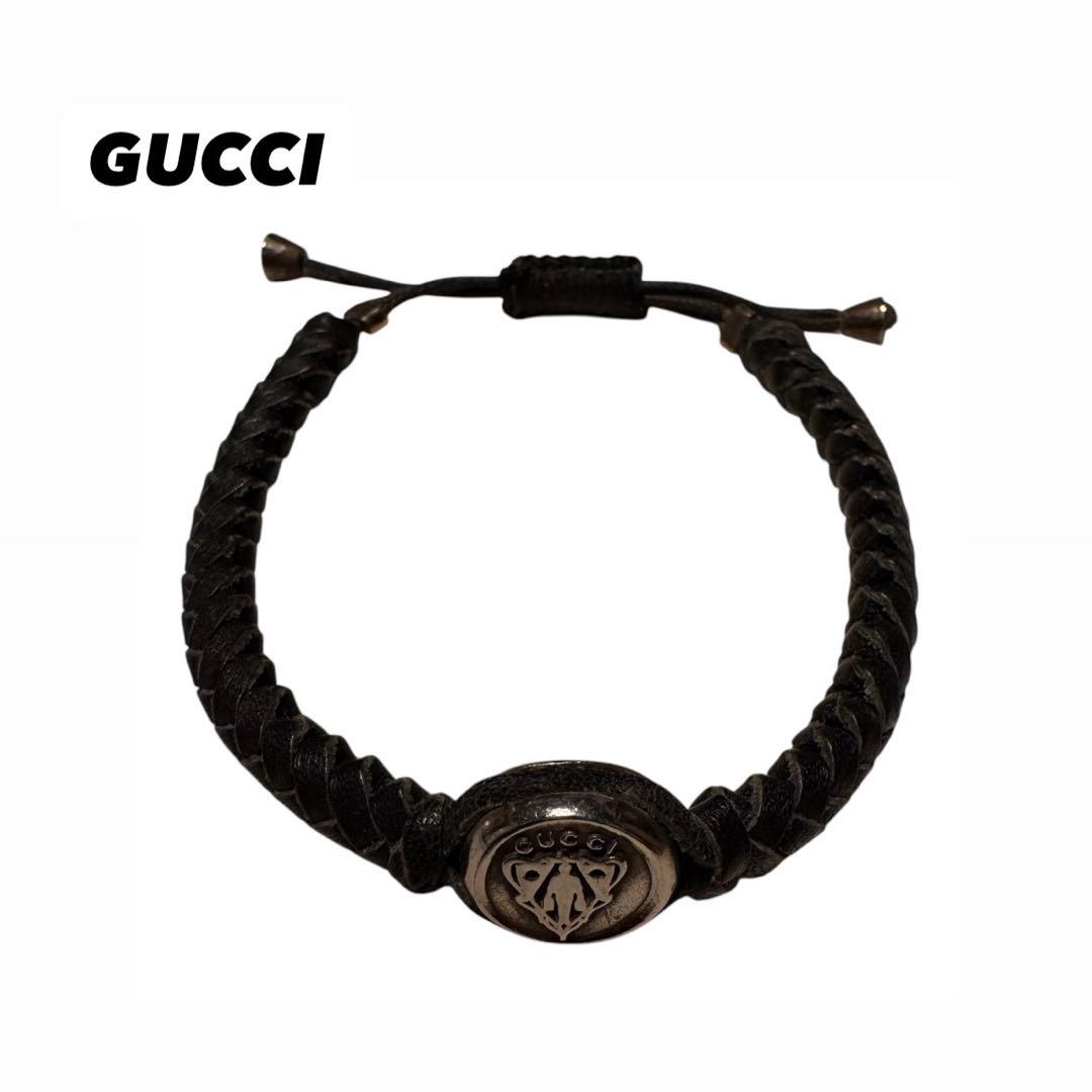 GUCCI グッチ クレスト エンブレム 編み込み レザー ブレスレット 925