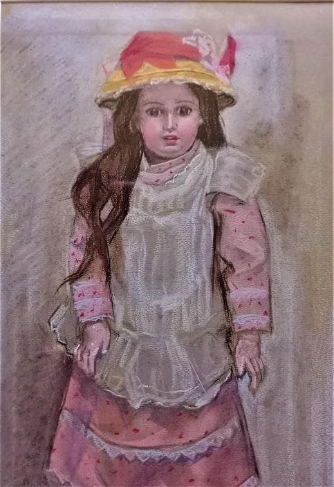 小島俊男タイトル「人形」パステル画サインあり金縁額装黄袋、専用箱付き