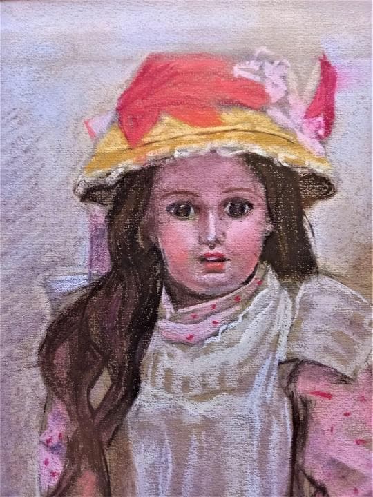 小島俊男タイトル「人形」パステル画サインあり金縁額装黄袋、専用箱付き