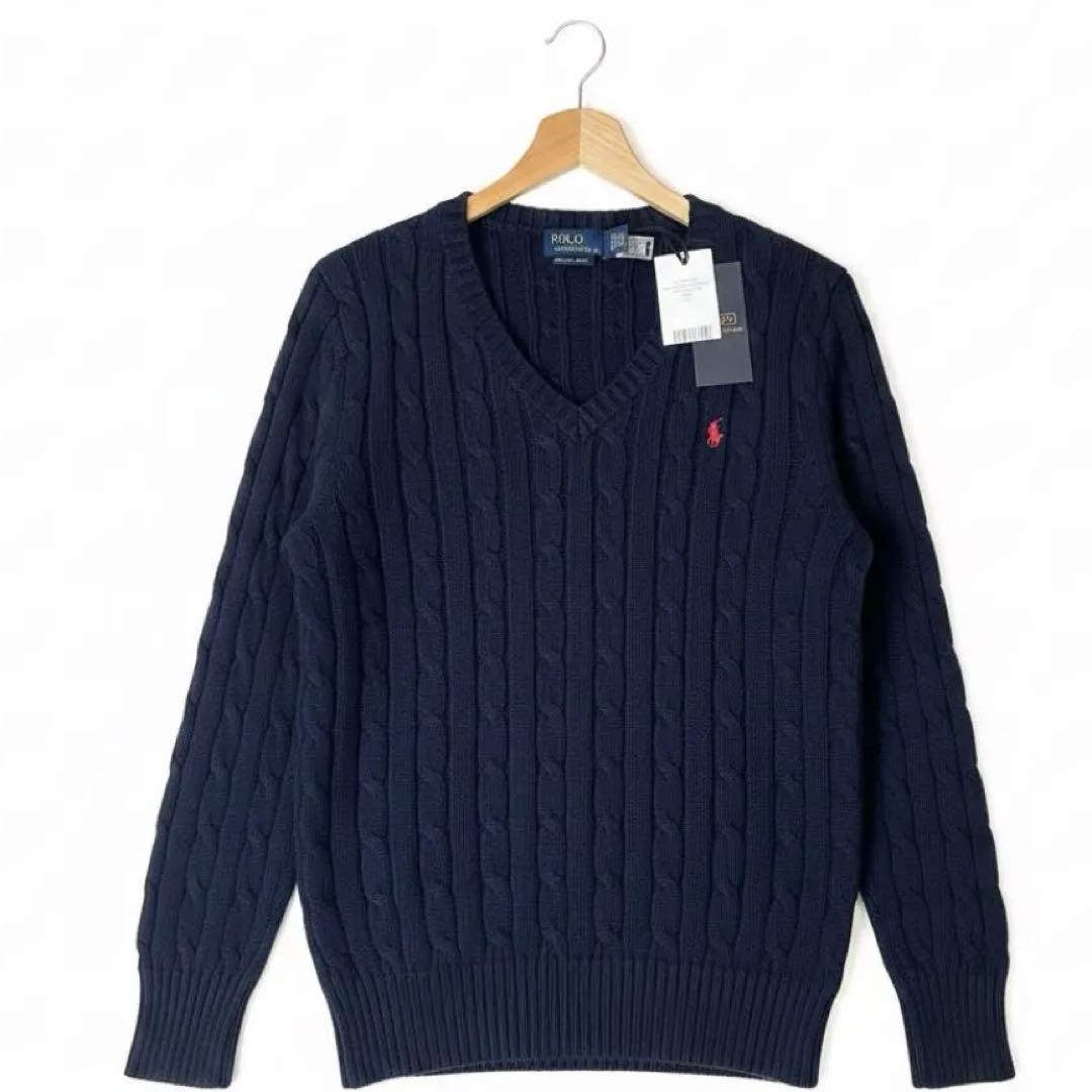 【新品タグ付】ラルフローレン ケーブルニット ネイビー レディースM Vネック