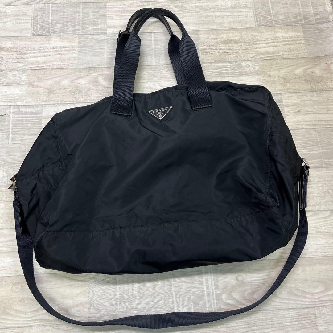 中古品　PRADA ロゴプレート ボストン ショルダー ナイロン バック 黒