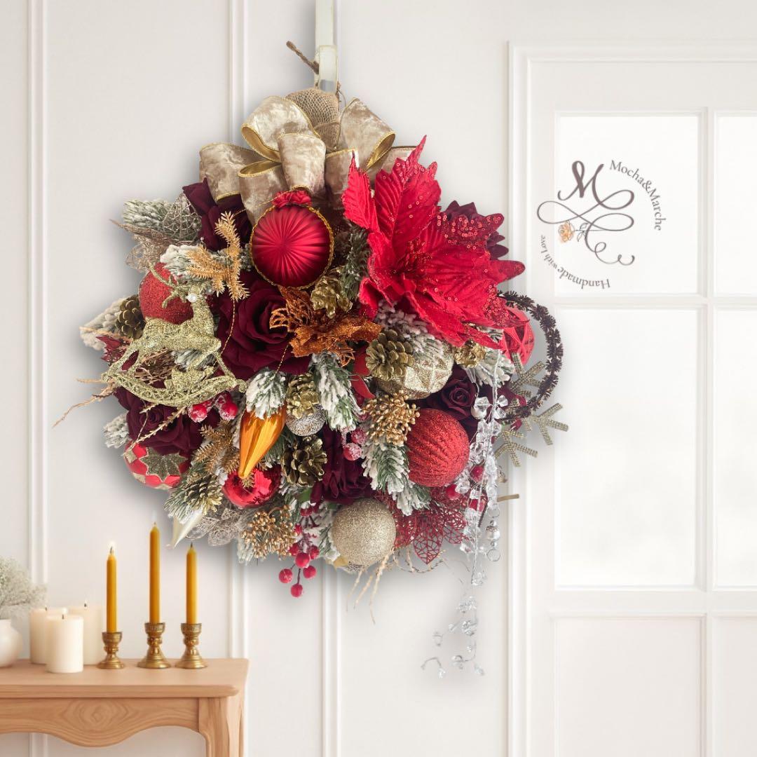 クリスマスレッドローズリース／ボルドー×ゴールドリの高級デザインスワッグ