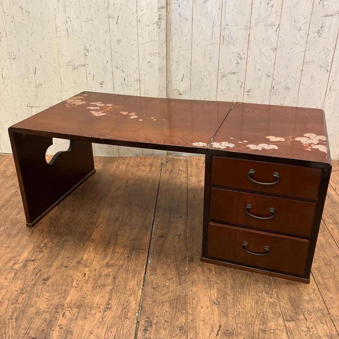 昭和レトロ 木製 葡萄柄 折りたたみ文机 テーブル 箪笥 小箪笥 3段 小物入れ