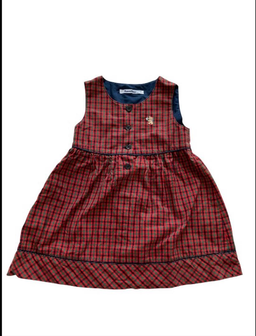 極美品familiar ジャンパースカート 赤 チェック ワンピース 100