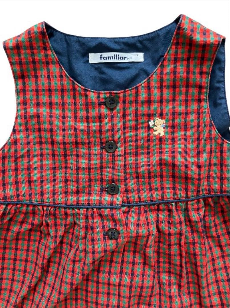 極美品familiar ジャンパースカート 赤 チェック ワンピース 100
