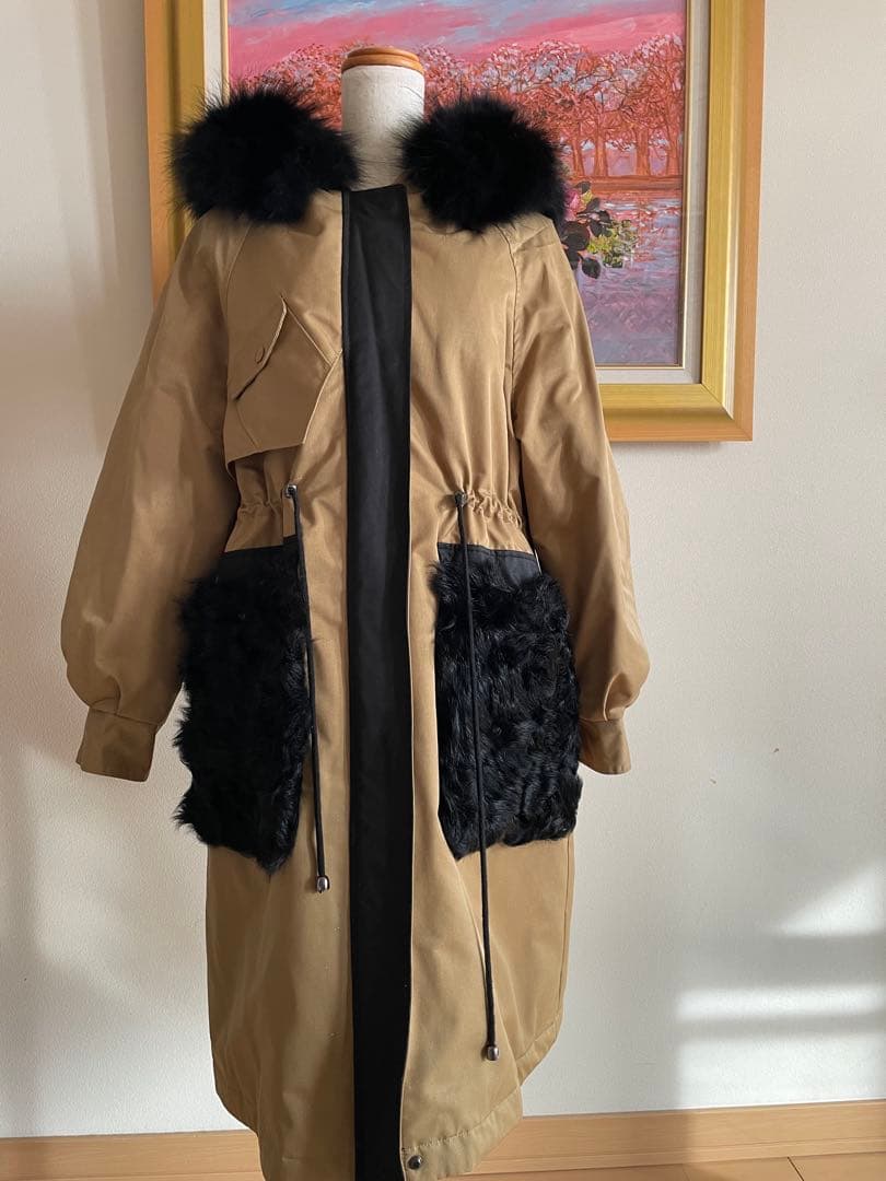 スプーム ファー付き　ダウンコート フード付きベージュ モッズ風コート 36