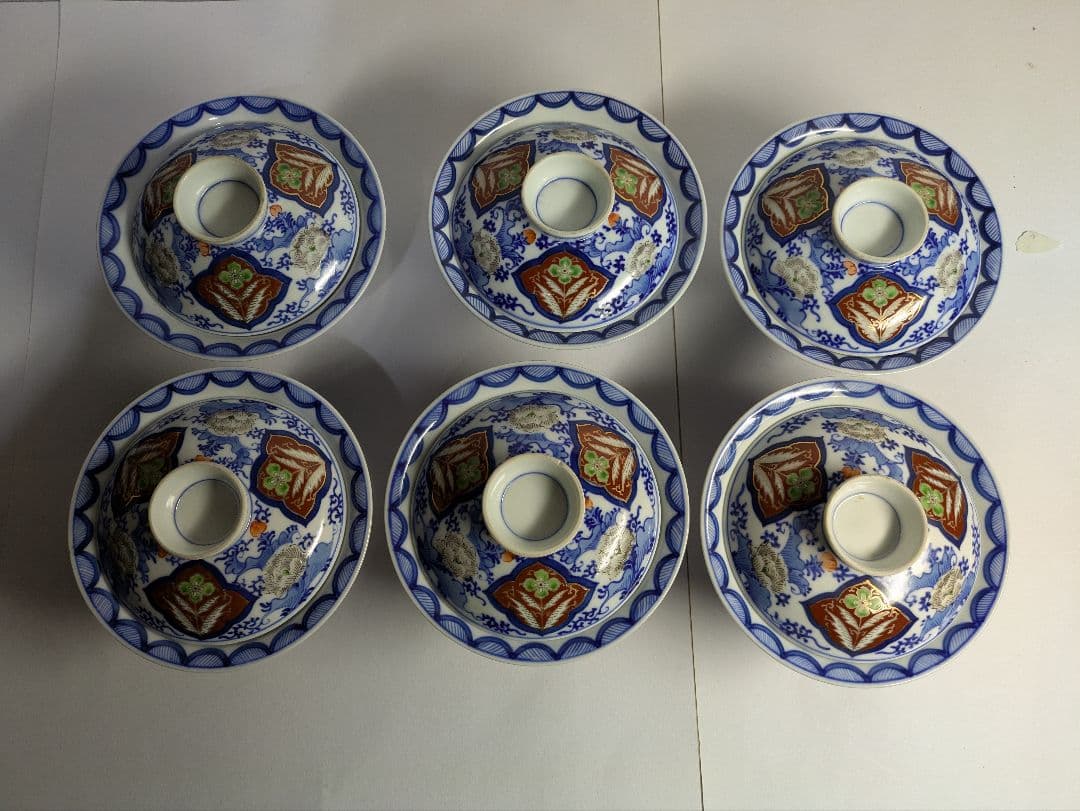 古伊万里、『染錦草花紋蓋物』、6客、銘「吉祥」有、箱無