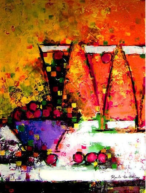 油絵 菅家令子 絵 絵画インテリア uF6-062804 静物 ワイン フルーツ