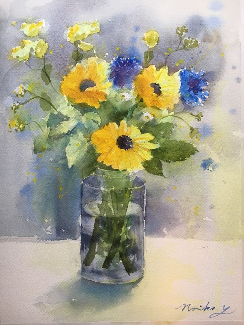 透明水彩画原画夏の花束ひまわり 透明水彩画「ひまわりの花束」イラスト ミニ額 ヒマワリ 夏 花 プチ