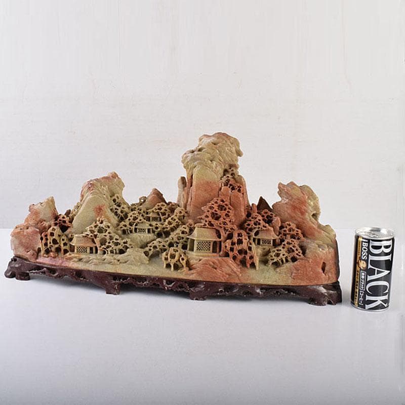 中国　玉石蝋石青田石　楼閣山水雕　床飾　置物　M　R7899C