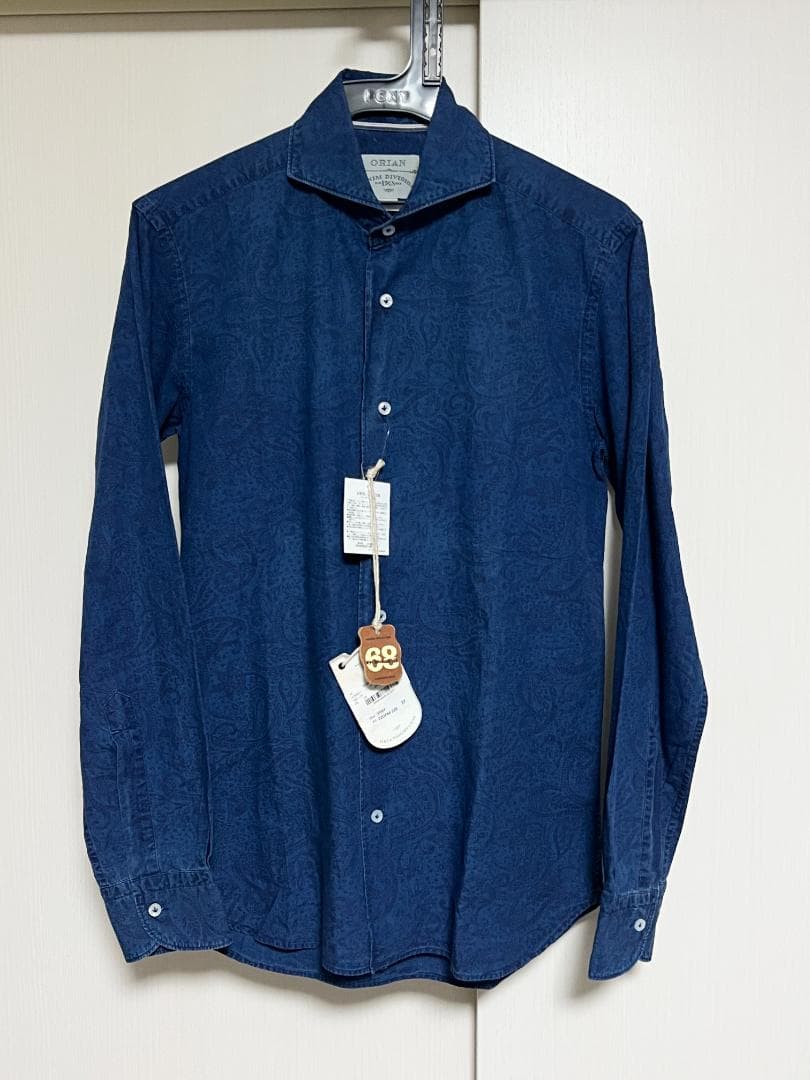 新品未使用品 ORIAN 37 シャンブレーシャツ 総柄 ネイビー