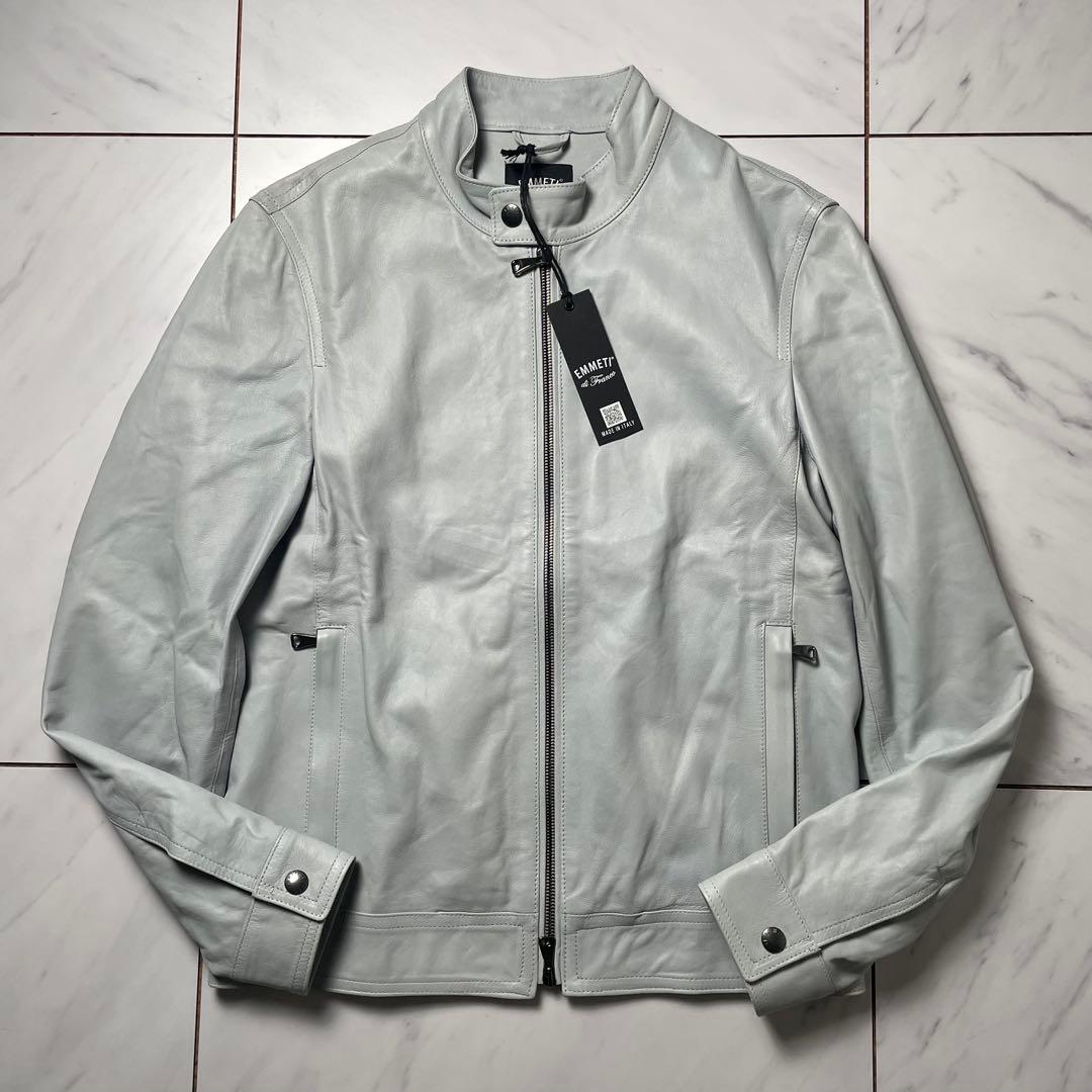 未使用級 EMMETI JURI SPレザー 限定アイスグレー 44 エンメティ / EMMETI / ユリ / JURI / シングル ライダース ジャケット