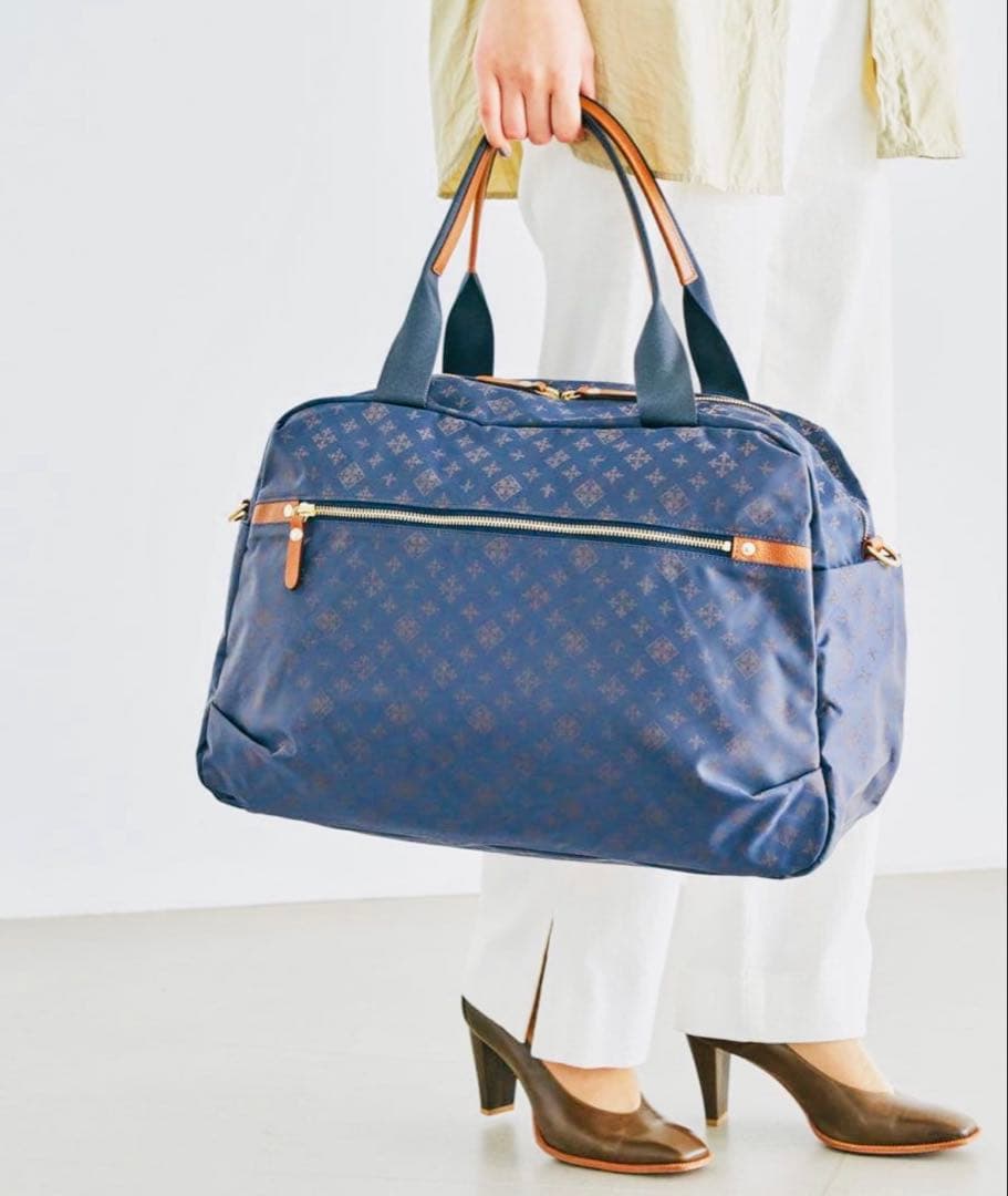 ラシット【キャリーバッグに乗せられる】トラベルボストンバッグ　ネイビー×ブラウン