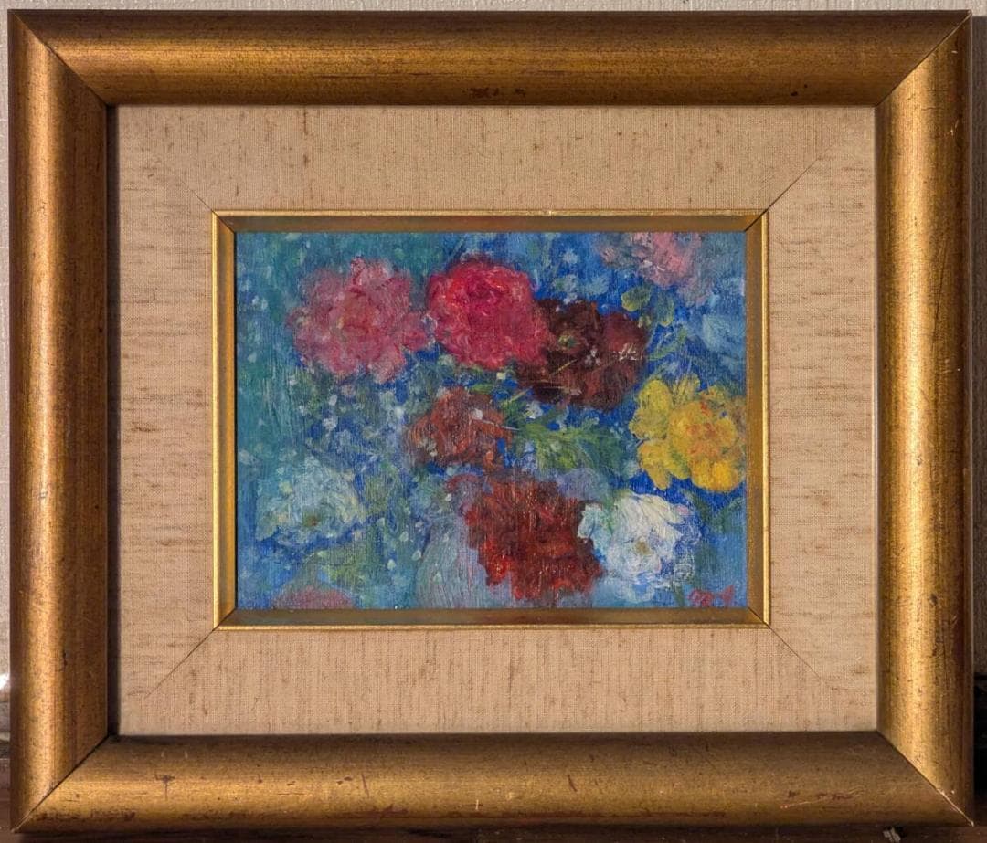 【真作】絵画　油彩0号　華やぎのブーケ　印象派風　花の静物画　X168