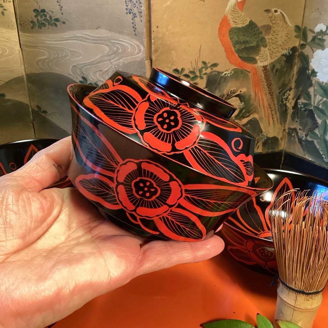 A1055 木製輪島塗 吉野椀 芙蓉紋様 吸い物椀 5客