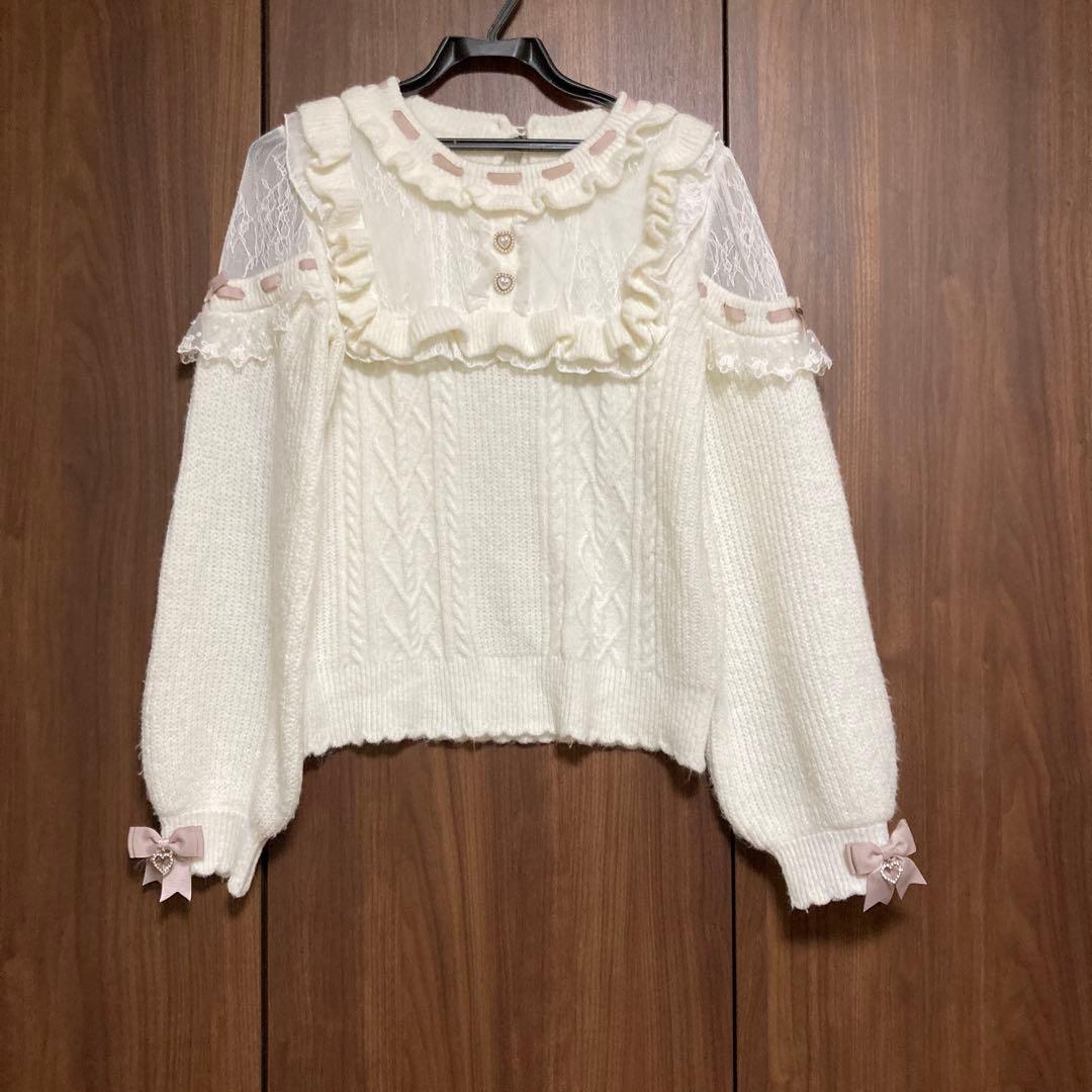 LIZ LISA ポンポン　リボン　レースヨーク　ニット トップス ホワイト系